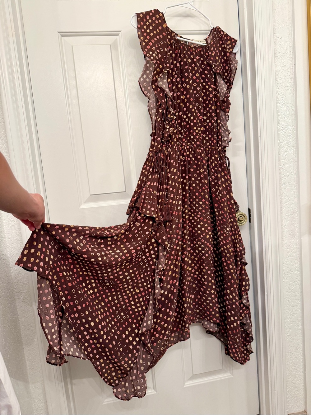 Ulla Johnson Silk Red-Brown Polka Dot Ruffle Handkerchief Dress